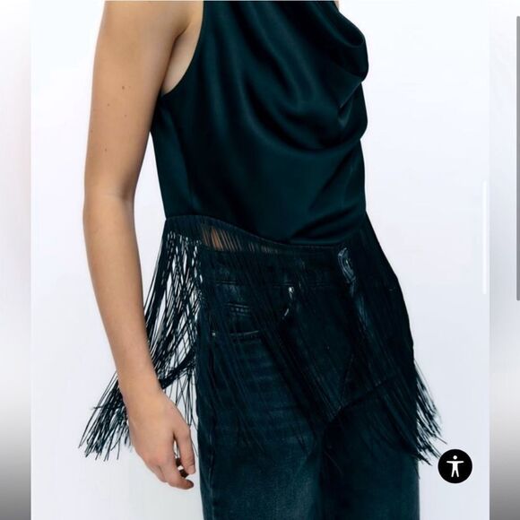 Zara Black Fringed Satin Effect Tank Top Bloggers Favorite Women's Size XS NWT - Picture 1 of 11